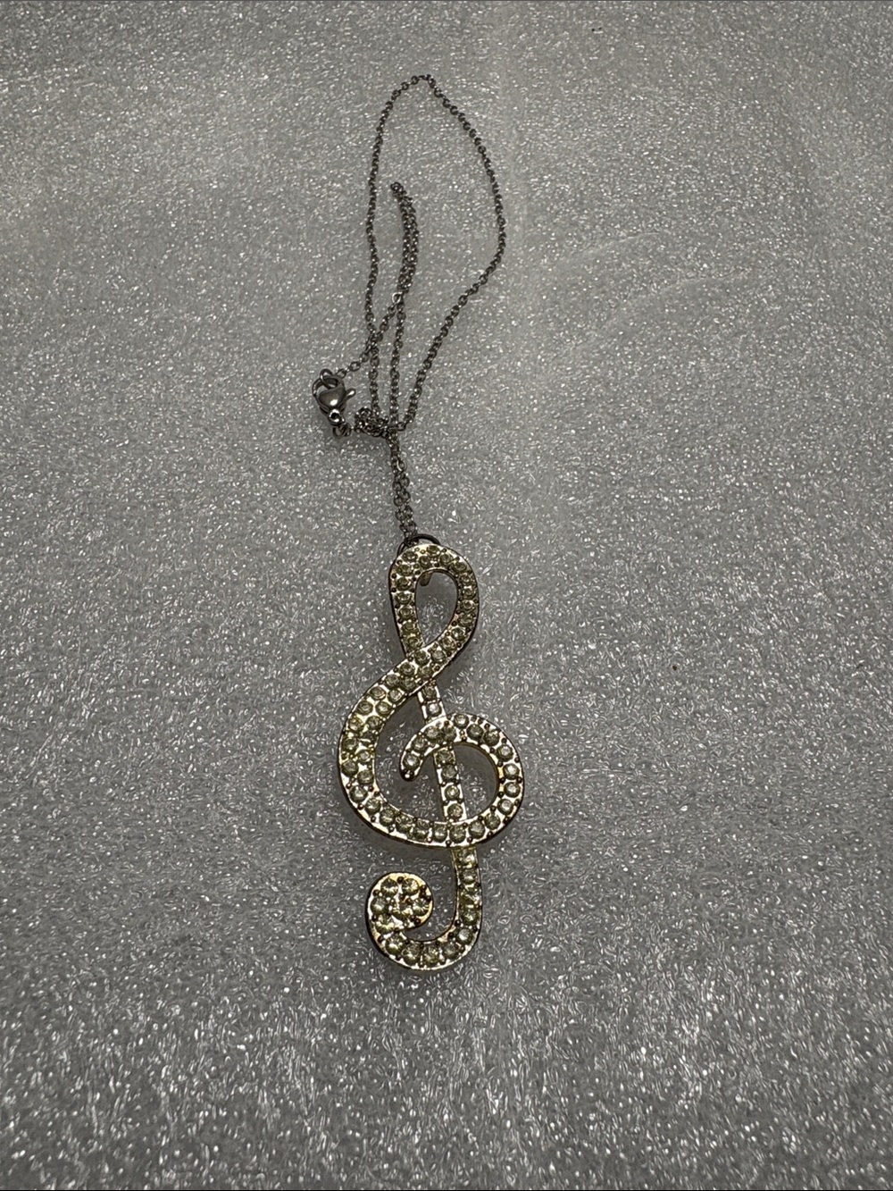 Rhinestone Treble Clef Pendant Necklace - Silver Tone, Yellow Crystal 16 chain
